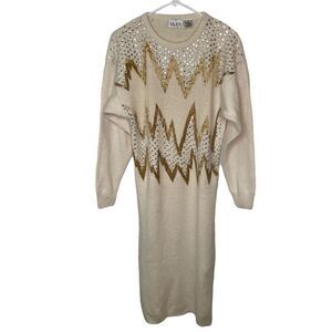 Vtg Nilani Womens Sweater Midi Dress S Ivory Silk Blend Long Sleeve Sequin 80s